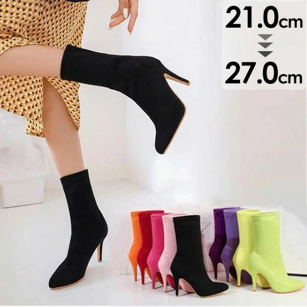 ショートブーツ ヒール10cm ピンヒール カジュアル レディース ファッション シューズ 靴 秋 冬 春 20代 30代 40代 グリーン オレンジ イエロー ローズ ピンク レッド ライトパープル