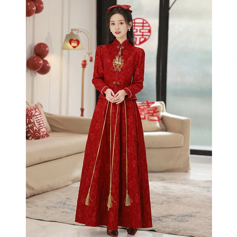 乾杯スーツ花嫁赤い結婚式新風改良チャイナドレス秀和スーツロング婚約ドレス