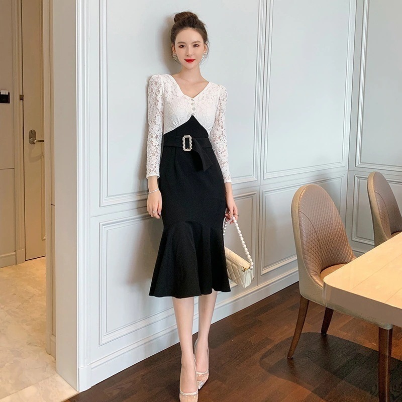 【Fellow 20％割】秋 vネック レースドッキング マーメイド ワンピース パーティードレス 着痩せ 大人 お呼ばれ 同窓会 披露宴 卒業式 結婚式 ウェディング 二次会 成人式30%までに制限