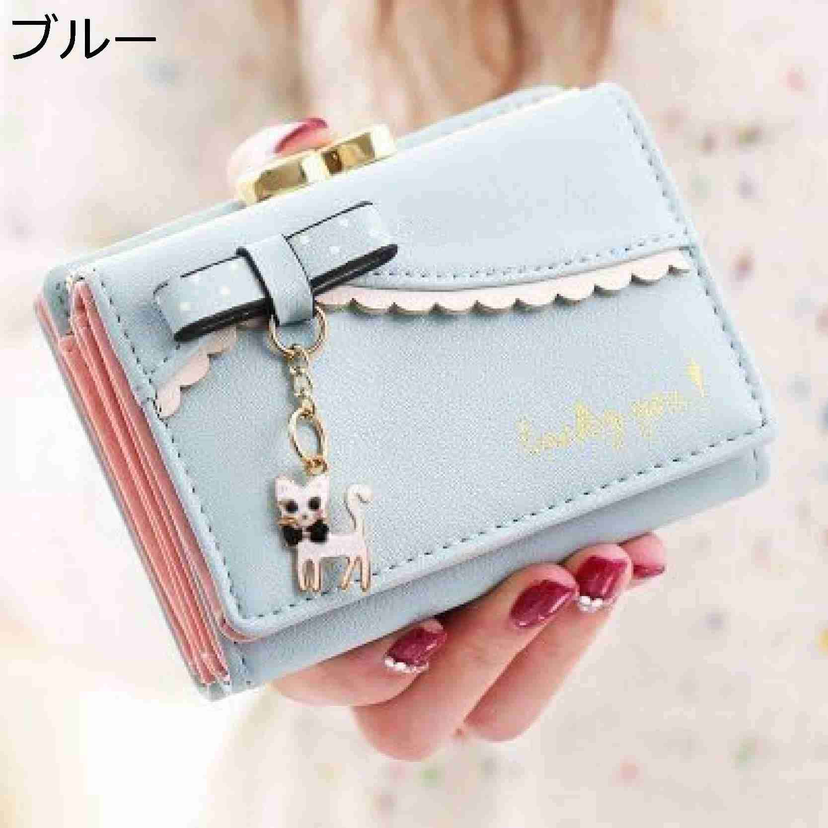 【20%OFFクーポン】ショート丈 女性 財布 韓国 PU かわいい 猫 ペンダント 三つ折り財布 カートゥーン レディース ファッション ハンドバッグ