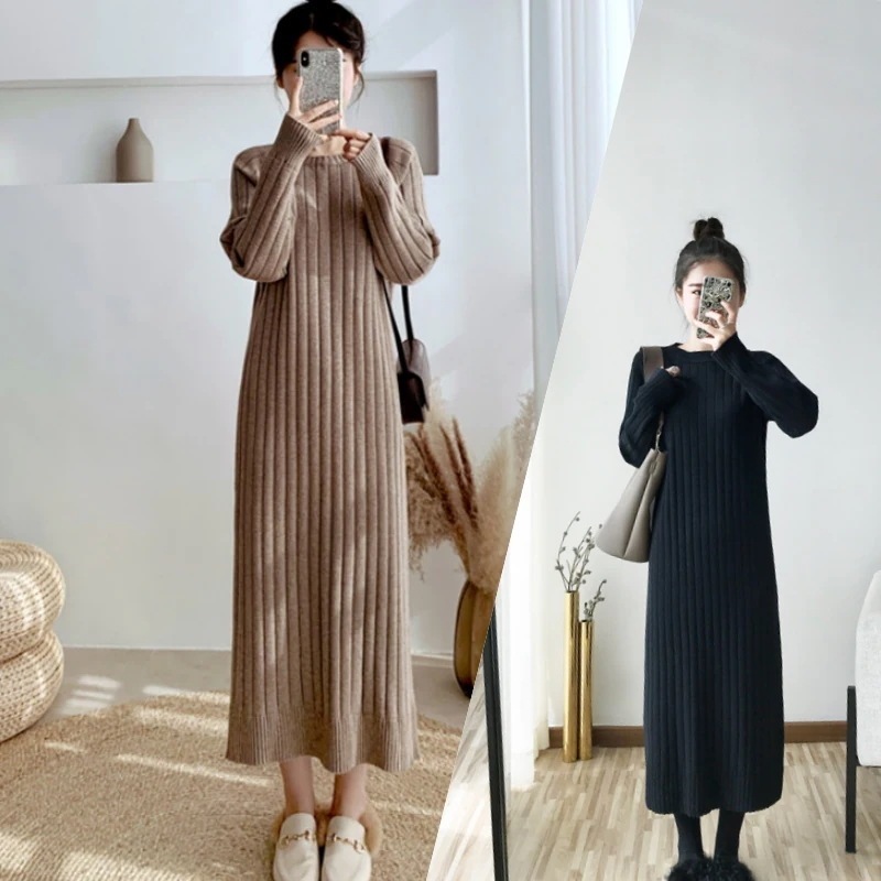 ニットワンピース ワンピース ロング ロング丈 長袖 萌袖 ラウンドネック ストレート Iライン リブニット 伸縮性 ニット かわいい 大人可愛い きれいめ シンプル カジュアル 大人 上品 おしゃれ