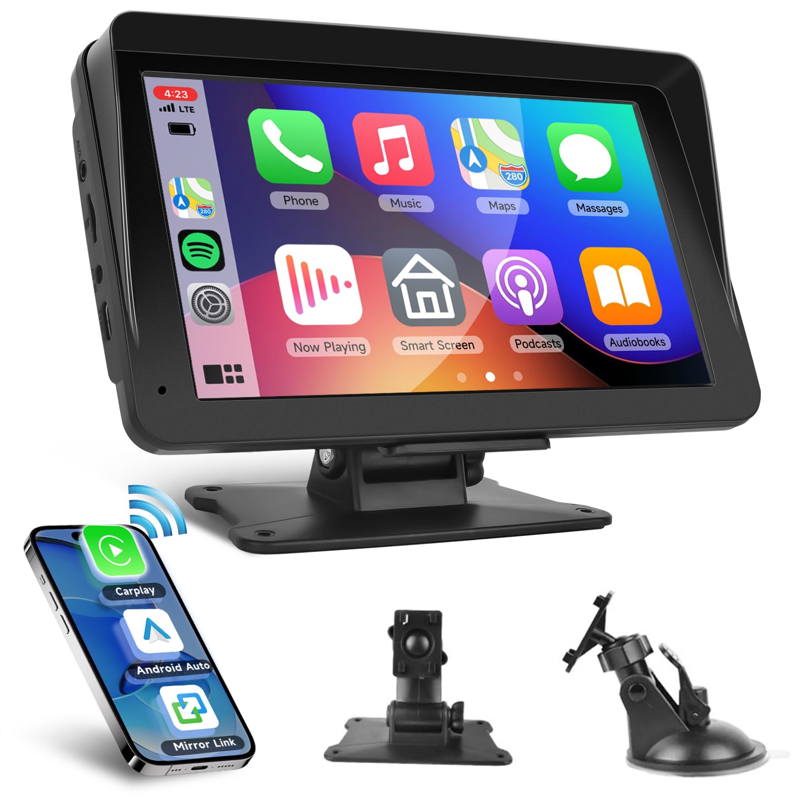 7インチ ポータブルカーオーディオ ナビゲーション一体型 簡単着脱 ミラーリング機能付き 「Apple CarPlay」「Android Auto」対応 Bluetooth/USB/AUX入力/車載F