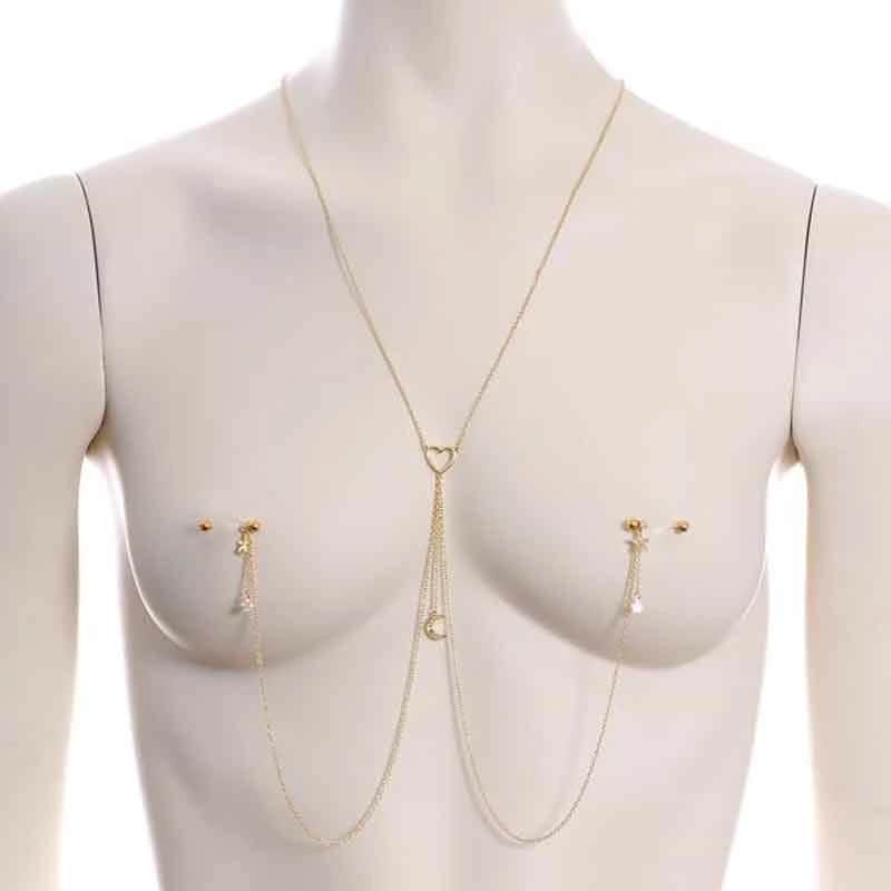 ボディピアス 14G ゴールド三日月チャームハートネックレススター ニップルピアス 14ゲージ 星 三日月 揺れる 胸 首飾り アクセサリー 繋ぐ 金色 ストレートバーベル np476xxxxxxxx