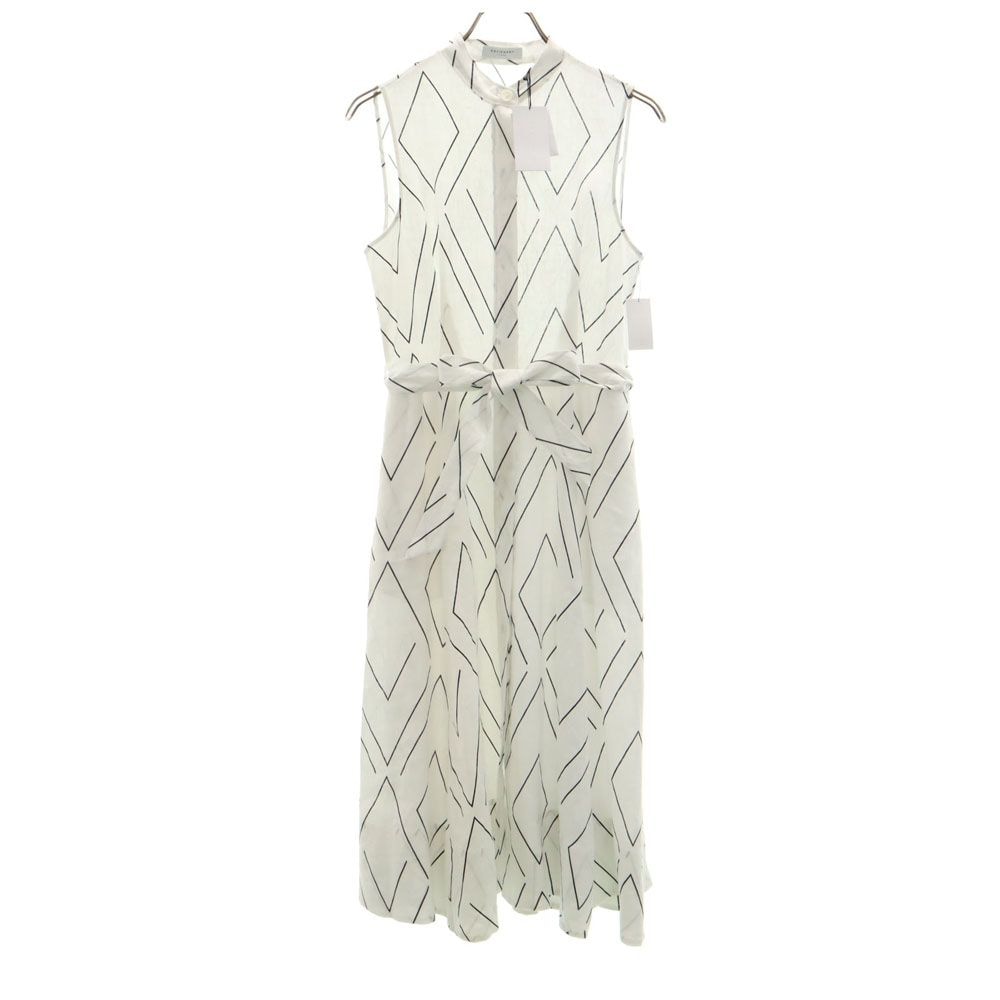 未使用 リネン100％ 総柄 ノースリーブ フレア ロングワンピース 2 白系 レディース