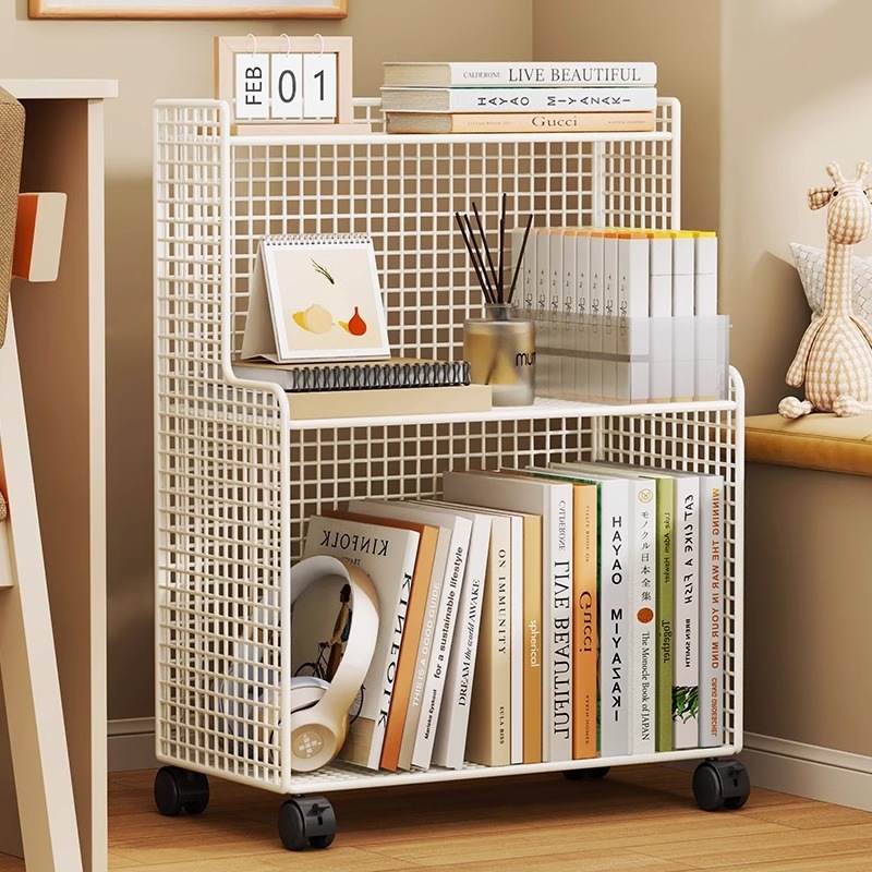 モバイルブックボックステーブルサイドブックストレージボックスブックボックスプーリーストレージバスケット付きダブルフロアトロリー