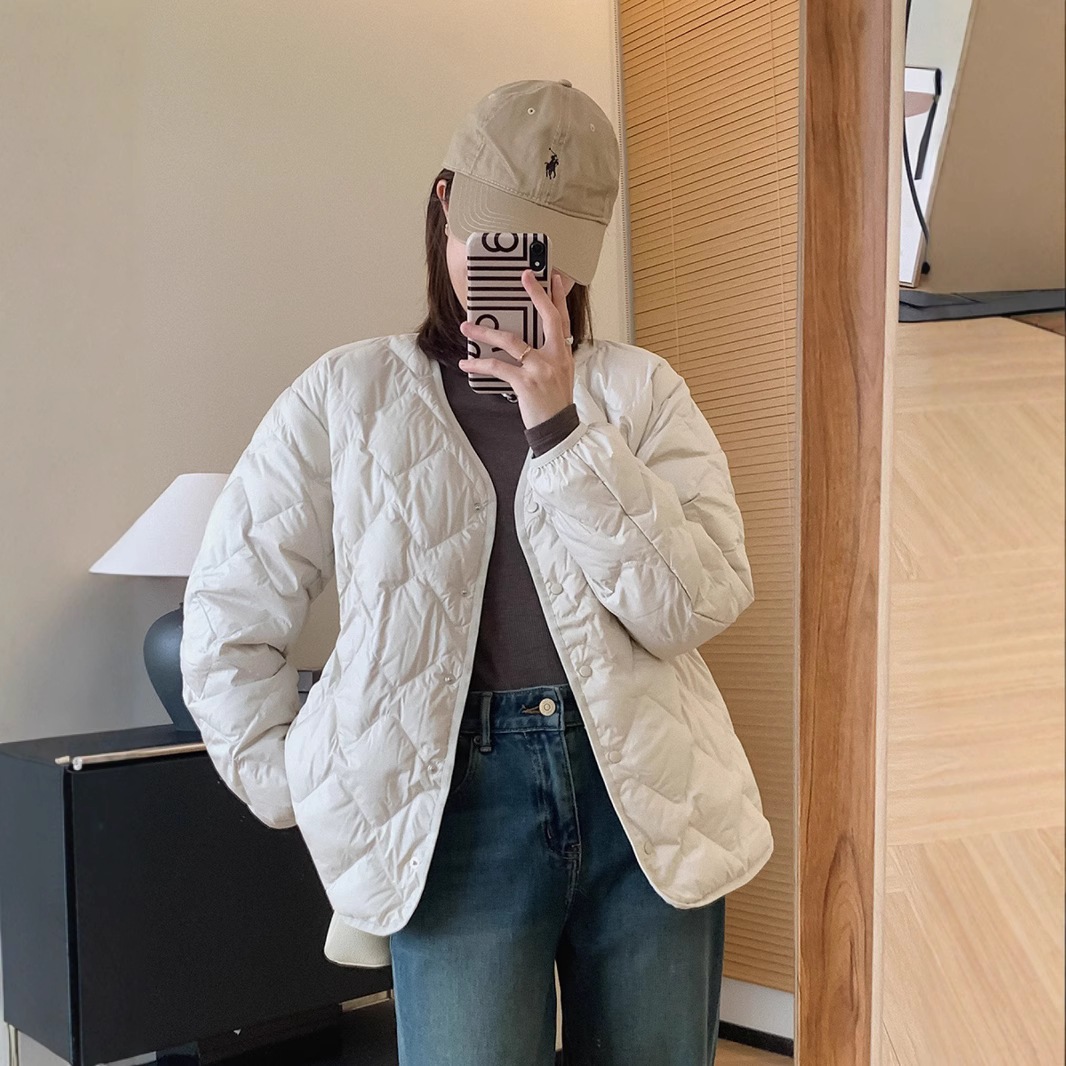 90新国家標準！ノーカラーのミニマリストダイヤモンド柄薄手ホワイトダックダウンジャケットレディース秋冬ゆったりコートカジュアル万能