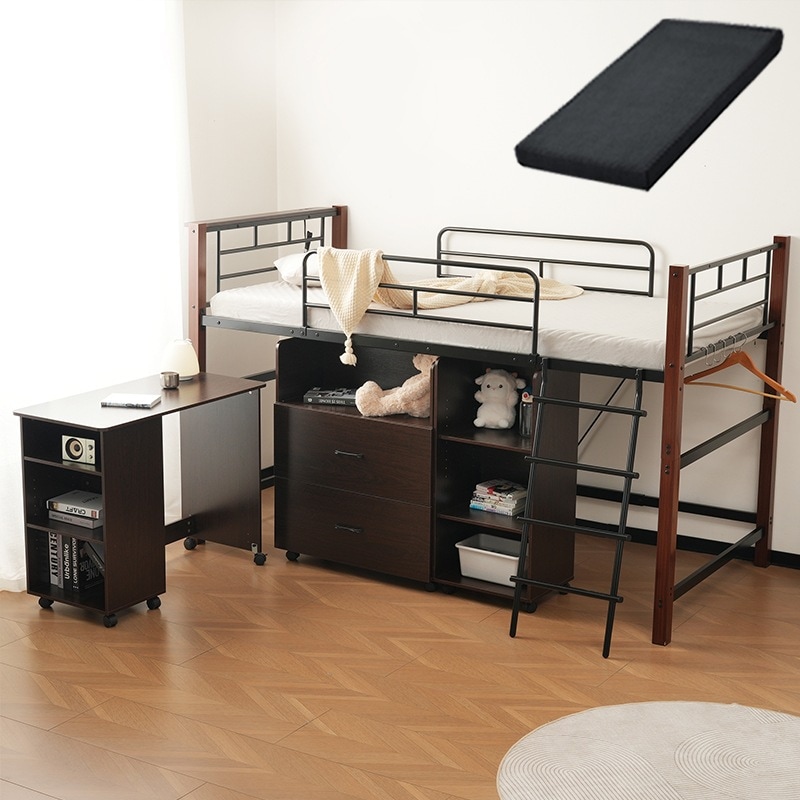 【国内発送Ｍ】225【高さ130cm】【マット付き】システムベッド 4点セット ロフトベッド+デスク＋収納ラック＋シェルフ ロフトベッド 宮 コンセント 省スペース スチール 耐震 ベッド パイプ 金