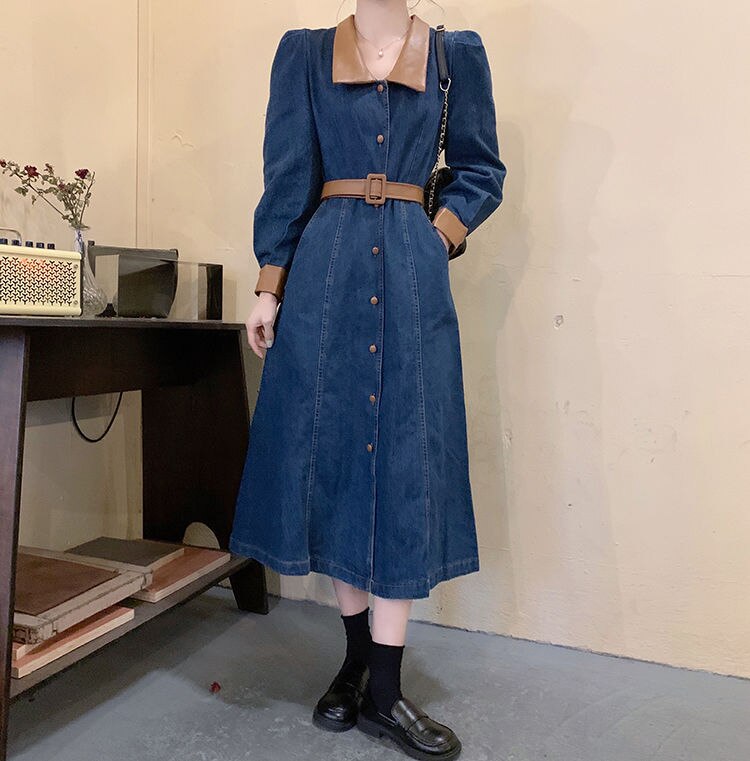 おしゃれで美しく清新で美しい愛されドッキングワンピース 春秋女性 ウエスト引き締め レトロ 着痩せ ロング丈 デニム ワンピースドレス30%までに制限