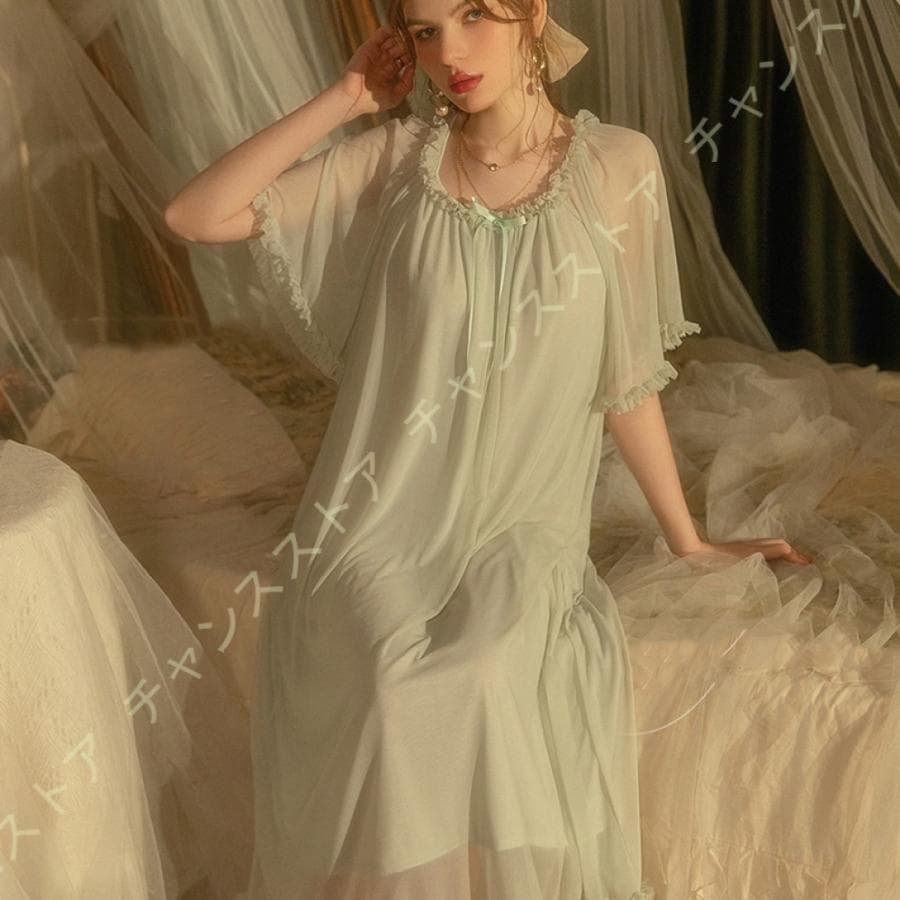 レディースルームウェア ナイトドレス 部屋着 ロングワンピースパジャマ ネグリジェ 姫系可愛いルームウェア レース リボン 長袖 シースルー 春夏