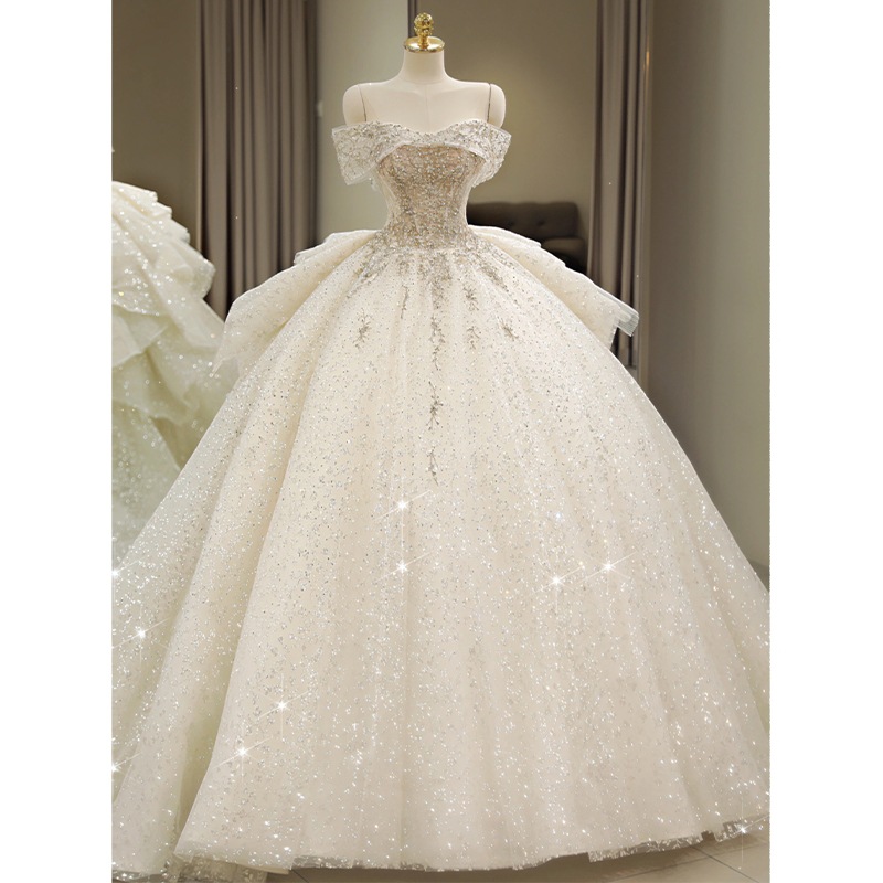 ワンショルダーウェディングドレス 2024年新花嫁 プチフレンチライトプリンセステール ハイエンドホワイトメイン糸