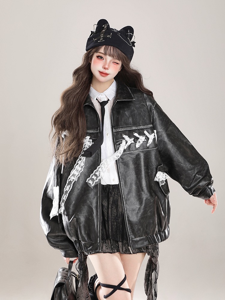 2024秋冬 長袖 ジャケット 異素材MIX防寒 かわいい 韓国トップス アウター 羽織り合成レディースフェイクコーデカジュアルシルエットゆったりファッション系サイズ 色っぽ 女っぽきれいめ大人裏丈黑