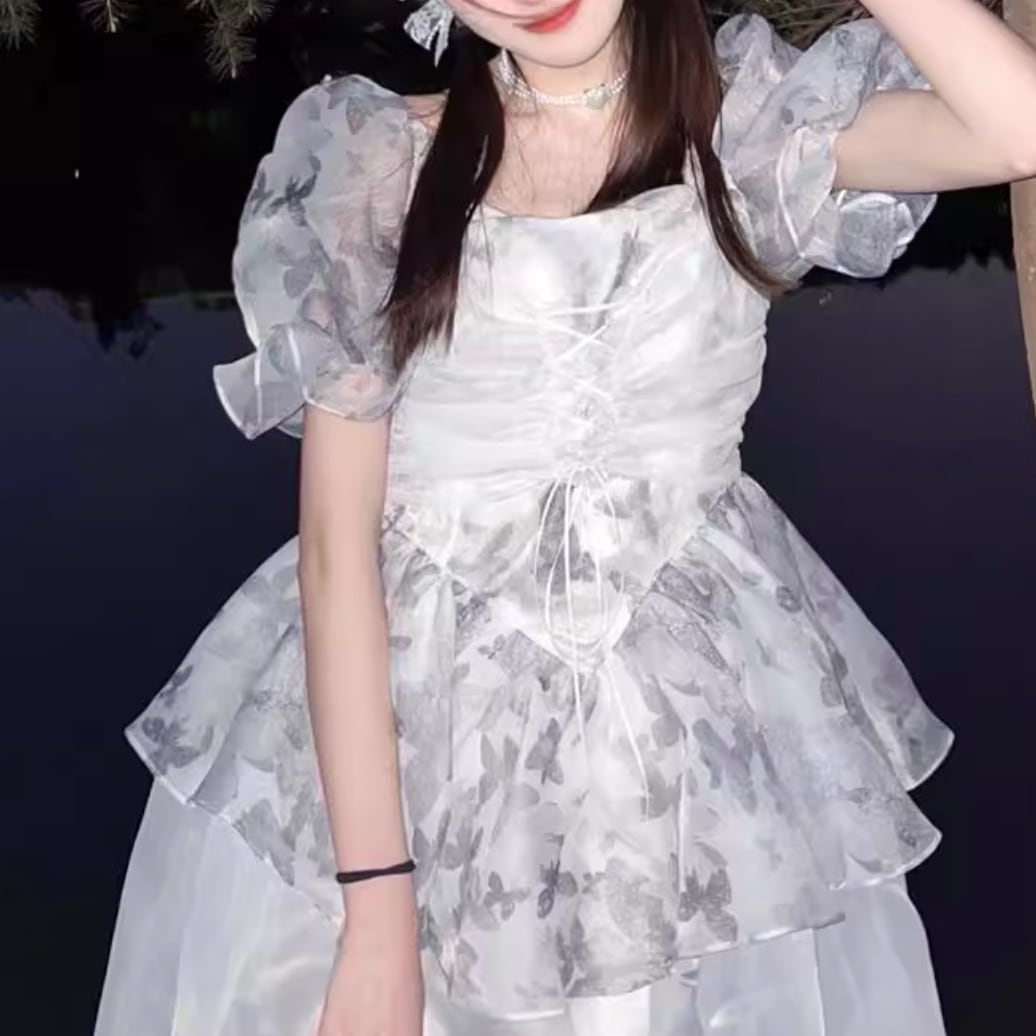 レディース ワンピース デート フレアワンピース ワンピドレス ショート ショート丈 袖あり 半袖 パフスリーブ フレアスリーブ スクエアネック 襟なし セミフレア Aライン 切り替えデザイン