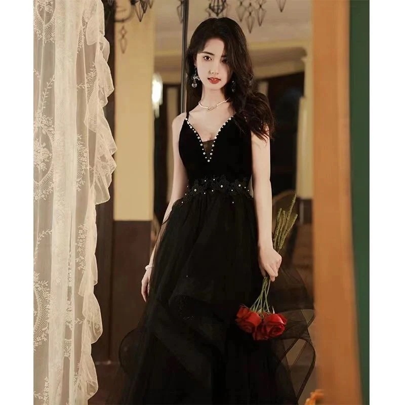 黒のホルターイブニングドレス 2025新しい宴会ドレス ウェディングドレス パーティードレス ドレスのバットミツバシニアセンス キャバドレス 年次総会気質ハイエンドの光豪華なドレス