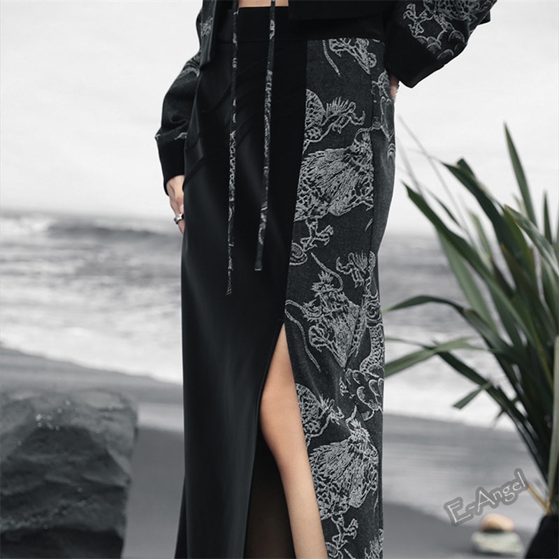 フェイクレザースカート ロング 黒色 マットPU 龍紋ジャガードデニム切り替え スリットスカート ロングスカート マキシ丈 ハイウエスト 着痩せ レトロ 脚長効果