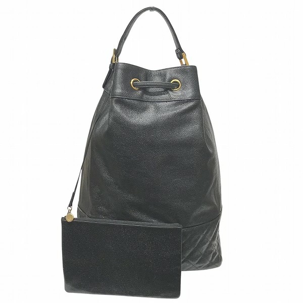 シャネル ココマーク キャビアスキン 巾着 ブラック ゴールド金具 バッグ リュック 【中古】