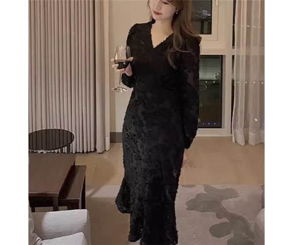 レディース ワンピース プルオーバー ドレス ロング 長袖 Vネック マーメイド フェミニン ハイウエスト 針編み かわいい 大人可愛い きれいめ シンプル 上品 おしゃれ こなれ感 ガーリー