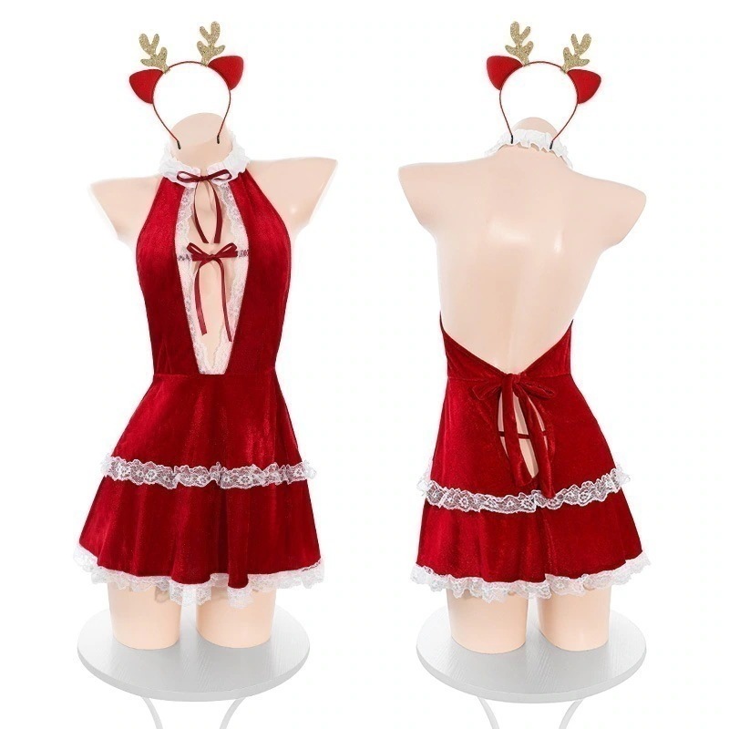 サンタ 衣装 コスプレ ワンピース セクシー 可愛い 胸開き 背中開き 仮装 レディース クリスマス コスチューム 誘惑 5点セット