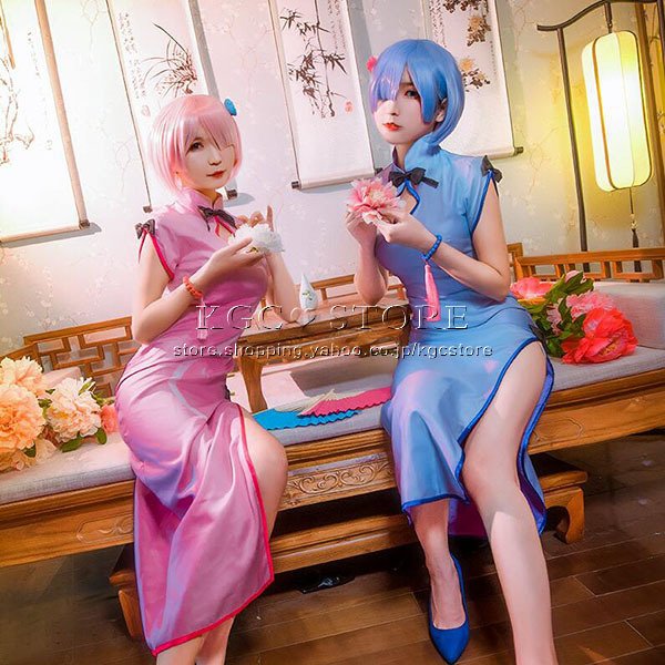 Re:ゼロから始める異世界生活 風 レム/ラム コスプレ 衣装 チャイナドレス ウィッグ 靴 cos