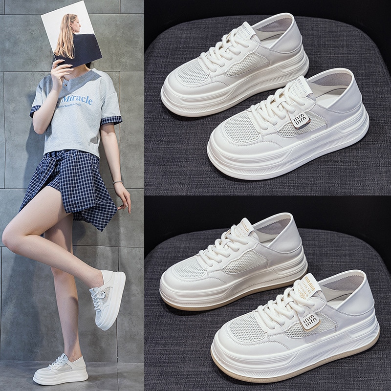 本革メッシュ通気性ホワイトシューズレディースシューズ2025年夏新作厚底スニーカー万能カジュアルスポーツシューズ