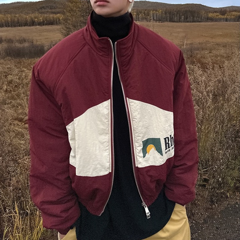 送料無料良質Rhude パッチワークムーンライト女性生き抜くピルジッパーストリートコート 1:1 Rhude サンセットファッションジャケット男性