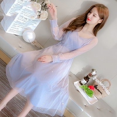 レディース ワンピース フレアワンピース マキシ マキシ丈 袖あり 長袖 Uネック フレア