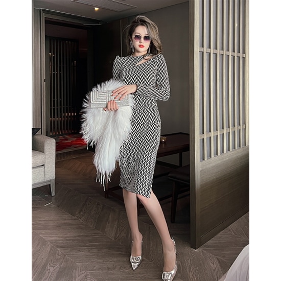 【取寄：納期2週間】結婚式ドレス 大きいサイズ パーティードレス スリムウエスト ニットセーター 長袖 スリット