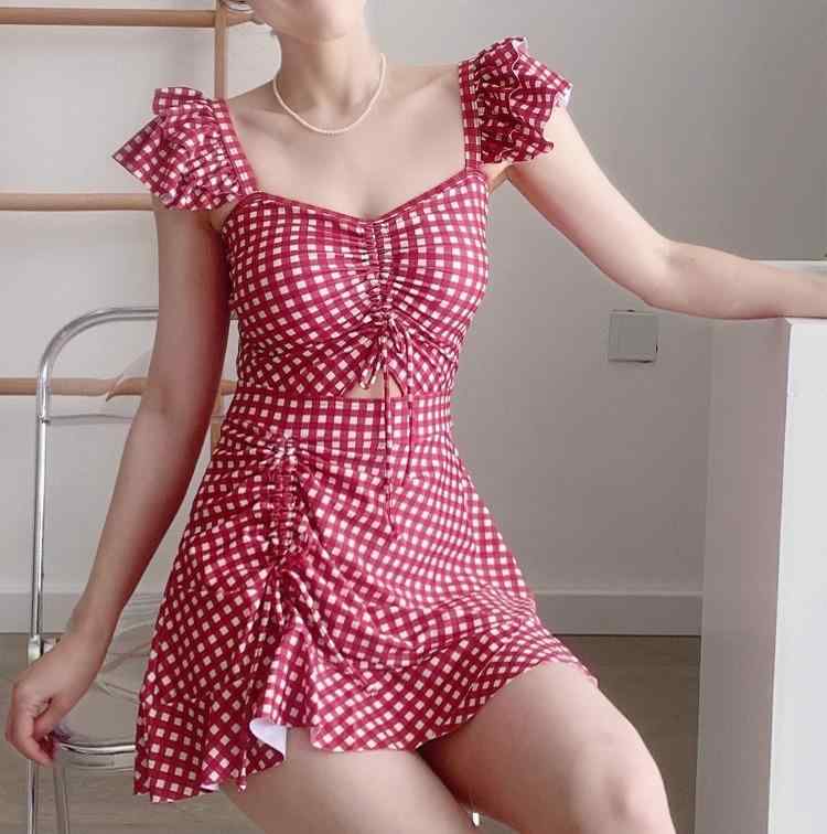 水着 レディース かわいい 夏 プール レジャー 海水浴 チェック柄 カジュアル ノースリーブ スカート ワンピース 韓国