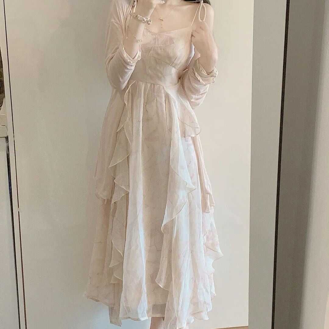 セットアップ ツーピース ２点セット 上下セット シャツ カーディガン 薄手 ノーカラー フレア キャミワンピース 花柄 長袖 襟付き ワンピース キャミワンピ キャミソールワンピース 膝丈 lsu0