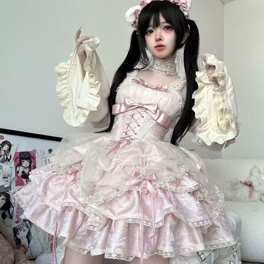 ロリータ ワンピース ゴスロリ 可愛い アイドル ガーリー Aライン フリル リボン ハイウエスト コスプレ コスチューム 衣装 ハロウィン クリスマス ブラック レッド ネイビー