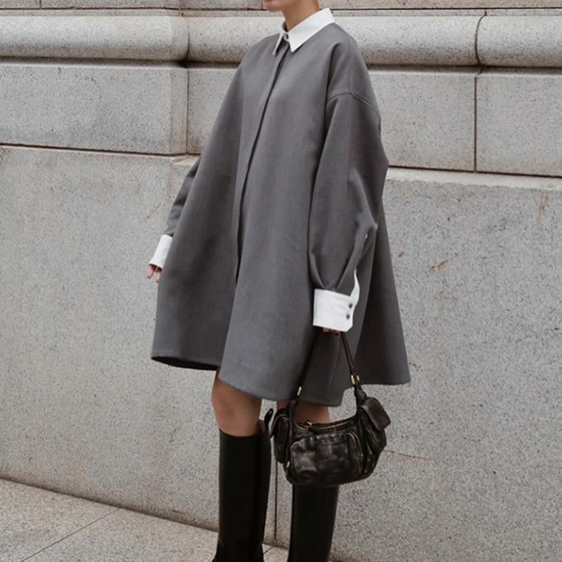 日本のレトロな怠惰なスタイルの通勤トップ 2025 新しい秋のコントラストカラーストレートルーズスリムロングコート女性のための