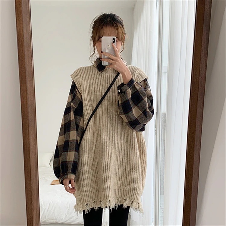 2025年【高品質の製品】！！！新作追加で正規品韓国ファッション気質 中長セクションニットベスト+チェック柄シャツ 4,747円