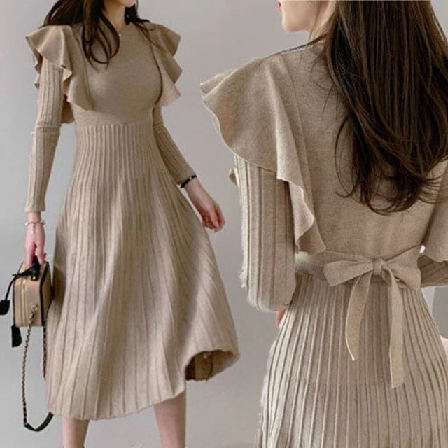 新作 ワンピースドレスバックリボン 袖フリル ワンピース ロングワンピース 大人女子 袖コンシャス 膝下丈 プリーツ 春秋冬