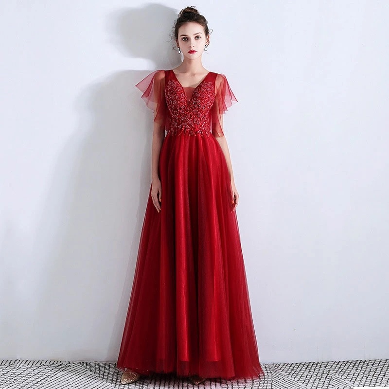 2点購入で200円割引期間限定オファー ウェディングドレス ウエディングドレス カラードレス 赤 ワインレッド カクテルドレス ロングドレス パーティードレス 発表会ドレス 演奏会 ステージドレス コ