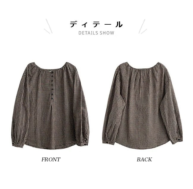 ブラウス 長袖 プルーオーバー レディース ギャザーブラウス 春秋 長袖ブラウス ギンガムチェック レトロ チェック柄ブラウス 綿混 ゆったり 体型カバー トップス 薄手 コットンブラウス