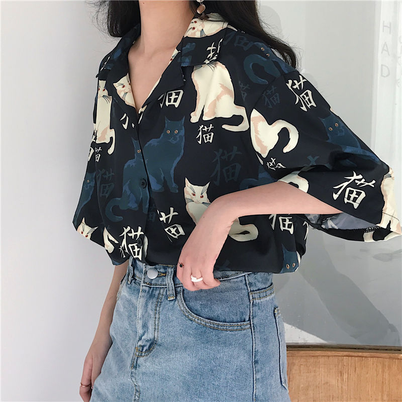 韓国風 キャラクター総柄シャツ カップル デザイン ゆったりトップス342