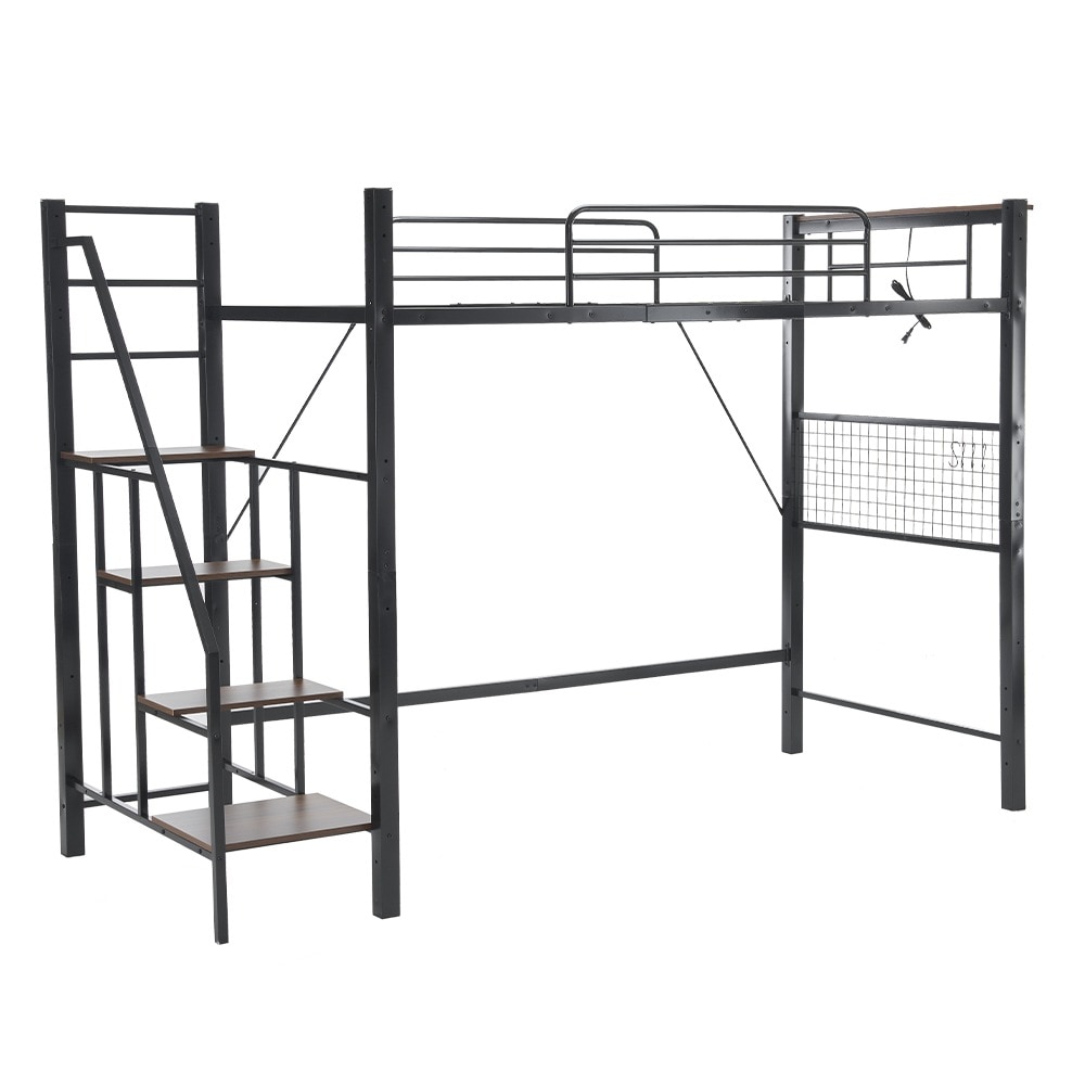 88【ブラック】2025年新作 システムベット ロフトベッド シングル コンセント付き 収納付き 耐荷重150kg 高さ173cm 北欧風 スチールネット S型フック付きスチール 耐震 ベッド パイプ