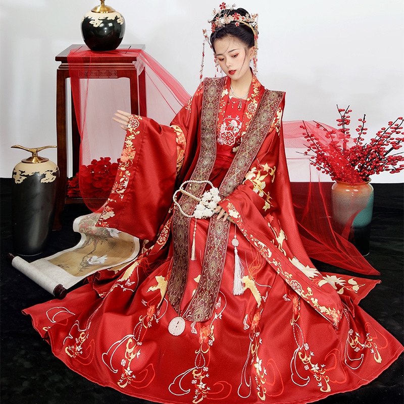 古代宋の漢服の女性の花の結婚と結婚式の女性のウェディングドレスFengguan Xiapeiフルセットのウエストレングスのアンダースカート中国風のダブルフロント