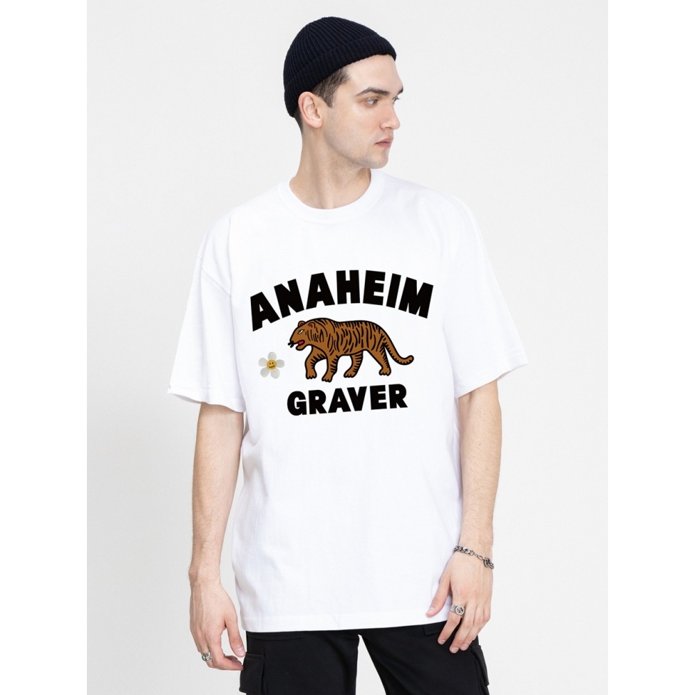 GRAVER フラワーエンブロイダリータイガーフロントロゴ半袖Tシャツホワイト