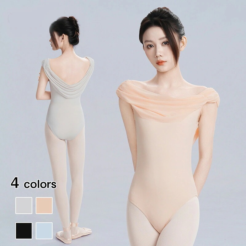 送 料 無 バレエレオタード 大人 メッシュ オフショルダー バレエ用品 ドレープネック バレエ形体服