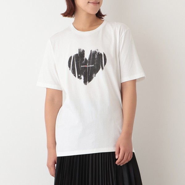 トップス Tシャツ ロゴ ハート ホワイト レディース SAINT LAURENT PARIS 61