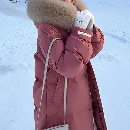 ホワイトダックダウンジャケットレディースミドル丈ロング膝上2024ラージファー襟韓国風厚みのある冬ジャケット