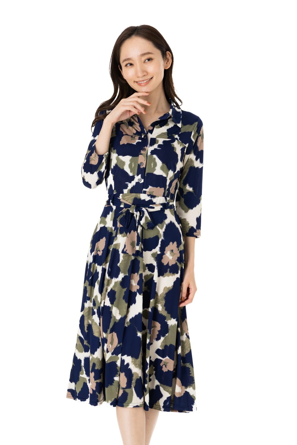 エジェリワンピース EGERIEワンピース T1 T2 T3サイズ 七分袖 ミモレ丈ワンピース 総柄 襟 ジャージー素材 インポートワンピース ネイビー