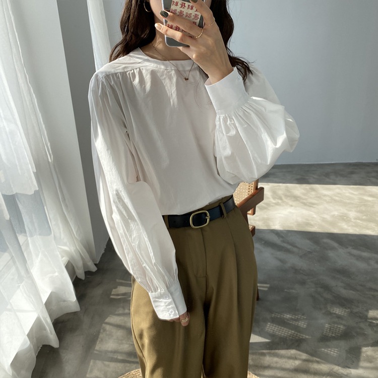 トップス ブラウス 袖あり 長袖 ボリューム袖 ラウンドネック ワイド 薄手 シンプル カジュアル 大人 おしゃれ お洒落 大人女子 こなれ感 ラフ メンズライク マニッシュ ボーイッシュ
