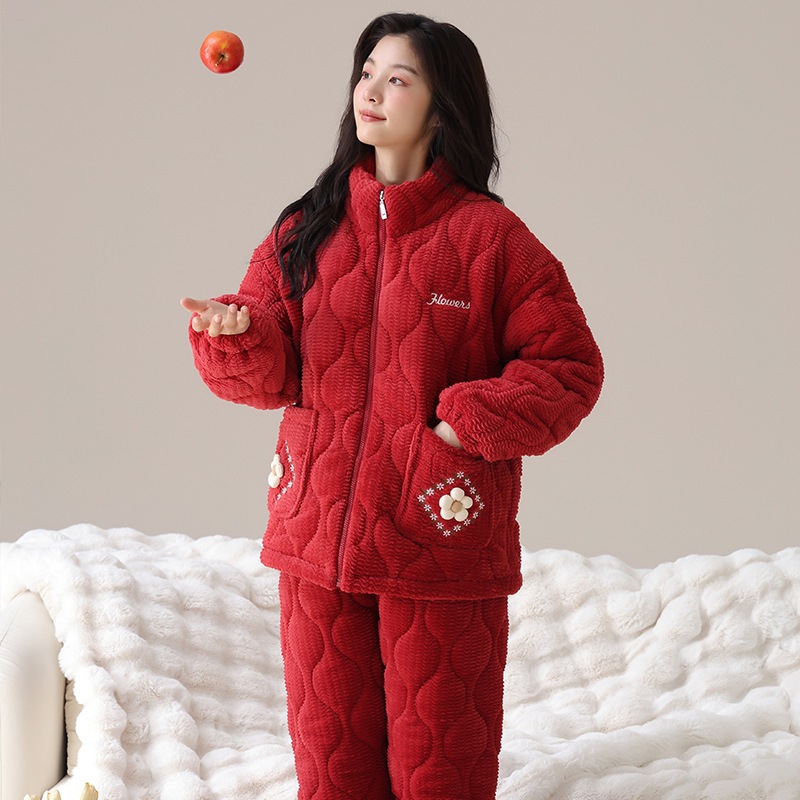 暖かい冬用コーラルフリースパッド入り3層厚手パジャマレディーススーツレディースハイカラージッパーフランネルホームウェア