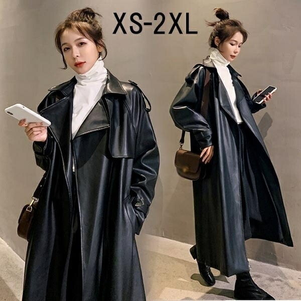 レザージャケットロングジャケットスプリングコートPUフェイクレザート革ジャンアウターレディースコートロングコート春春冬春アウターカジュアルベルト付きジャケット着やせ防風シンプル高品質春春冬春春お洒落ブ