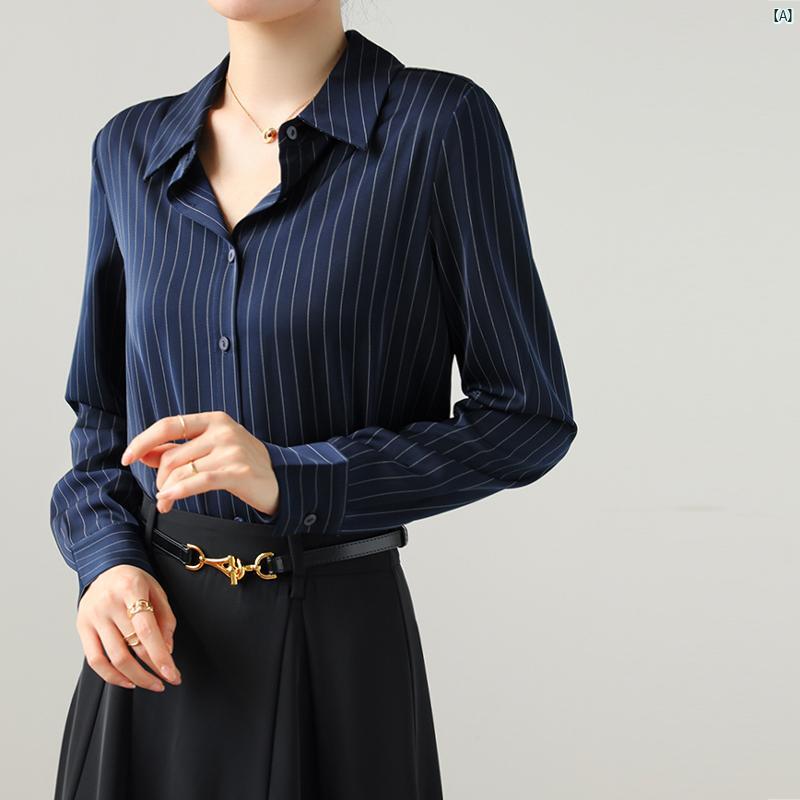 レディース ファッション　レディース　カジュアル　上品　綺麗　外出 フレンチ レトロ ネイビーブルー ストライプ 長袖 シャツ 初秋 サテン ハイエンド 通勤 トップ