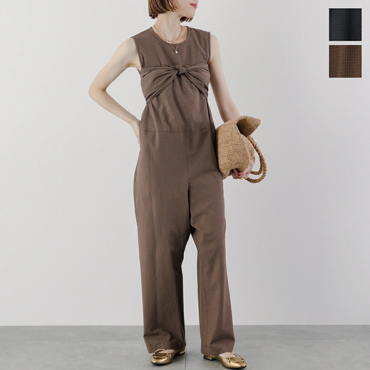 Le Melange ル・メランジュ オールインワン 8523508 レディース シアサッカー チェック コンビネゾン リボン ノースリーブ カラー2色