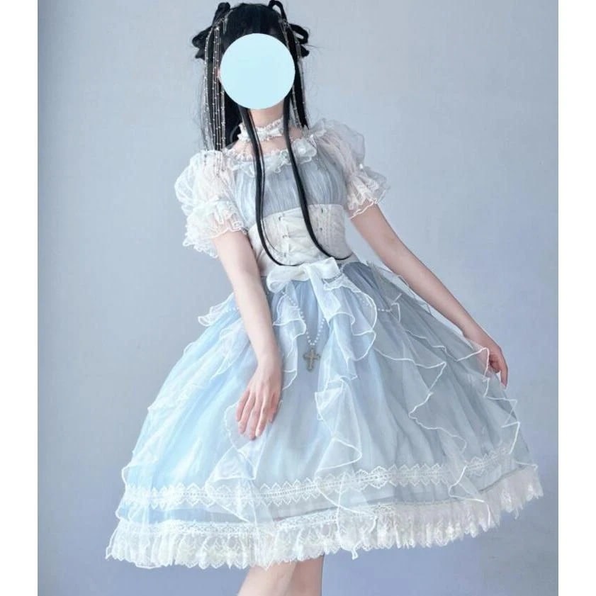 ロリータ ワンピース 甘ロリー ロリータ服 半袖 膝丈 ショート丈 ロリィタ ワンピース チュール レース リボン フリル 可愛い ゴスロリ コスチューム