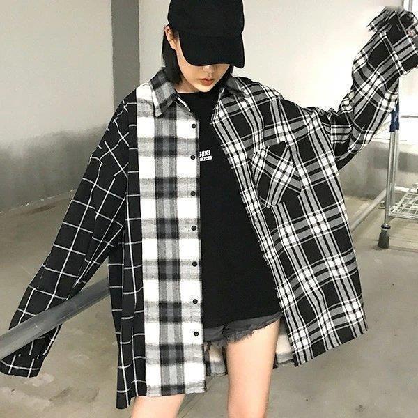 チェックシャツ 柄シャツ アシンメトリー ビッグシルエット パッチワーク モノトーン 原宿系 ファッション ゆめかわいい 服 奇抜 派手 個性的
