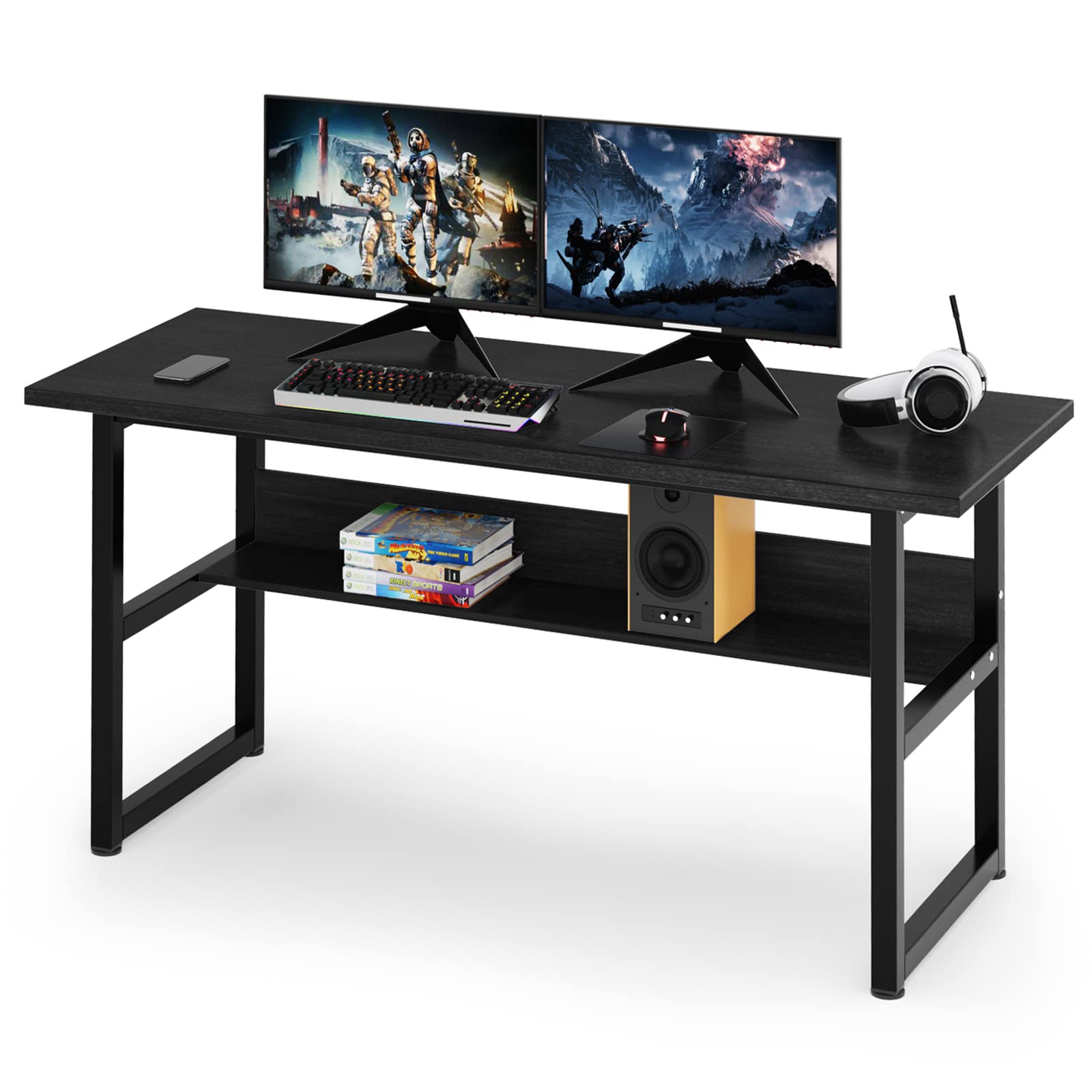 ゲーミングデスク パソコンデスク 幅160cm 奥行60cm ゲーミングデスク 収納ラック付き テレワーク用 pcデスク 耐荷重65kg シンプル 広いpcデスク ワークデスク オ 33432